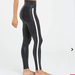 Spanx Faux Leather Side Stripe Sheer Black Leggings Size M